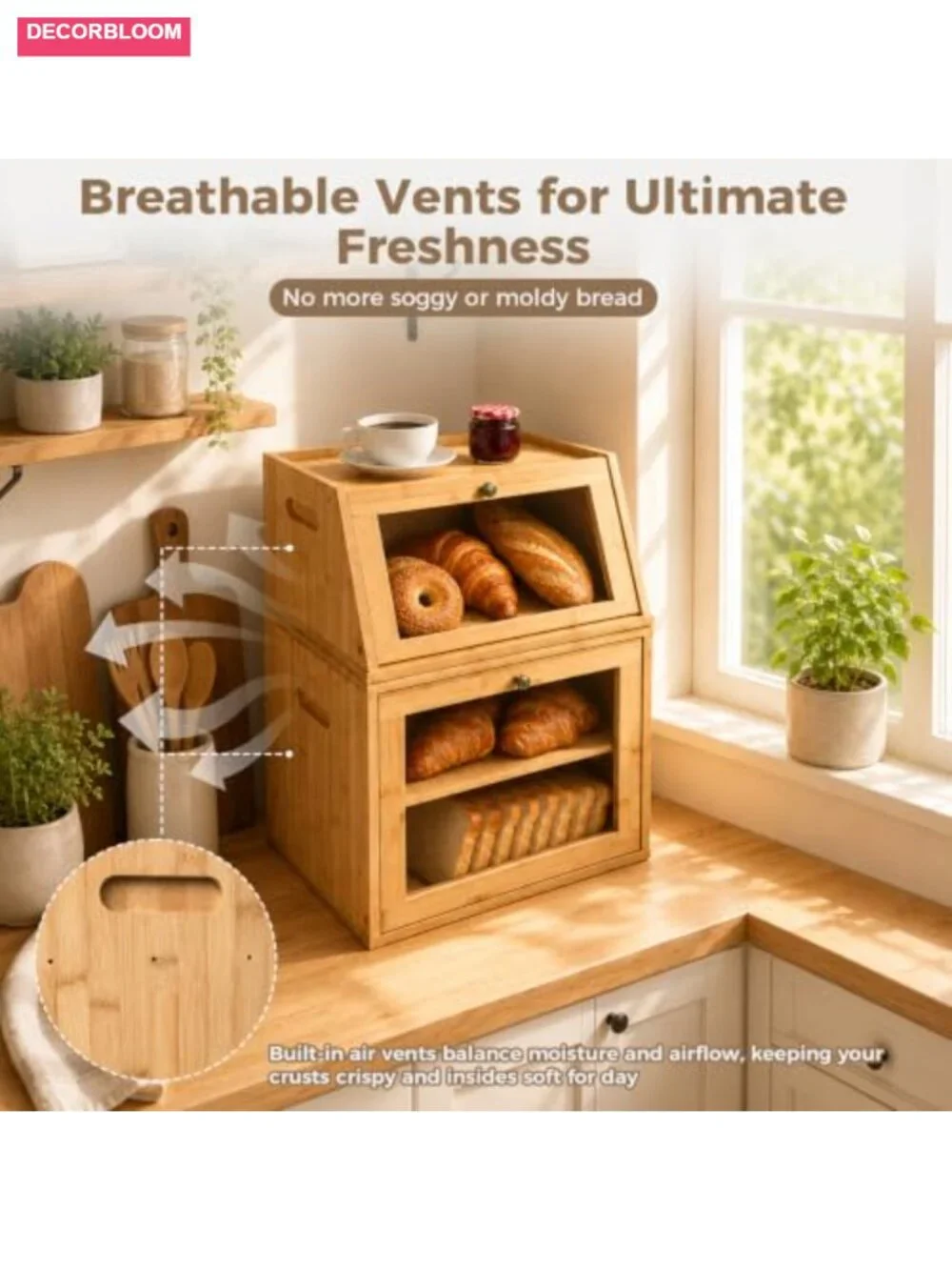 2-Tier Detachable Bamboo Bread Box, Farmhouse Kitchen Storage with Cutting Board